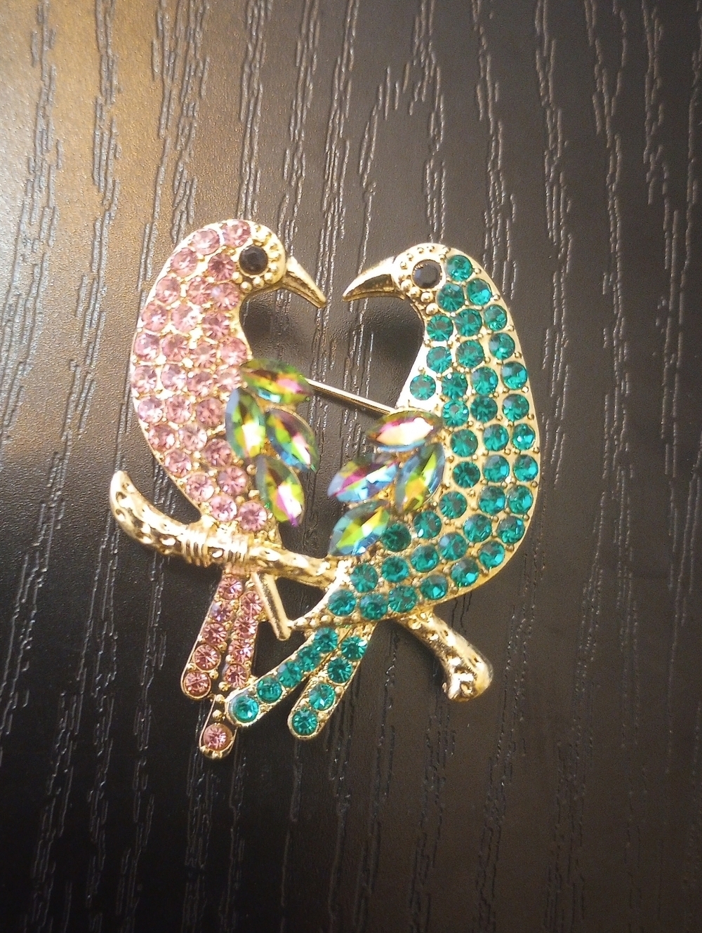 Pink Teal Green Lovebirds Rhinestone Bird Brooch Pin